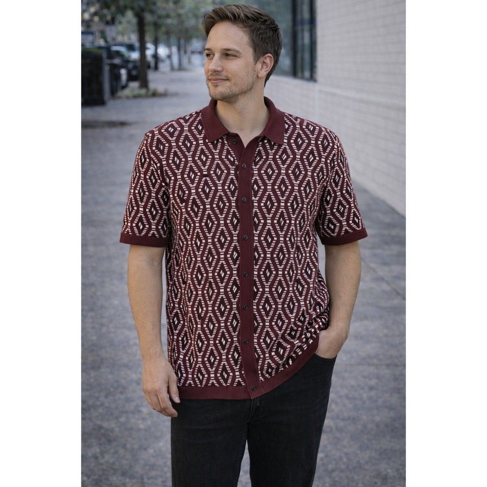 Abercrombie & Fitch XL Diamond Knit Button Shirt Burgundy Rockabilly 90s Style